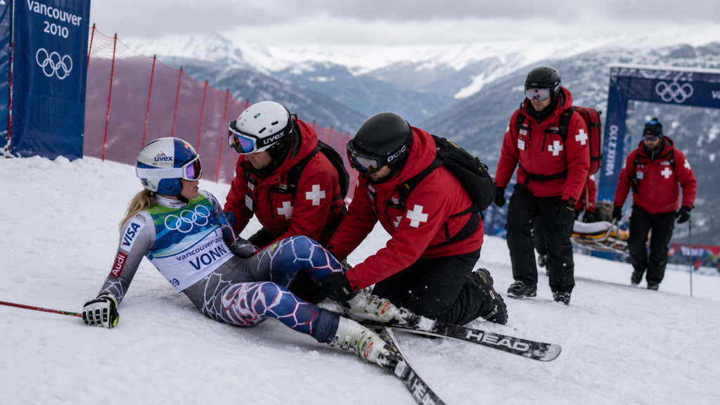 Lindsey Vonn Olympic crash scene concept on a snowy downhill ski course