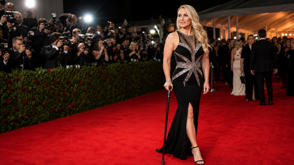 Lindsey Vonn recovery inspired red carpet image with a cane after Olympic ski injury