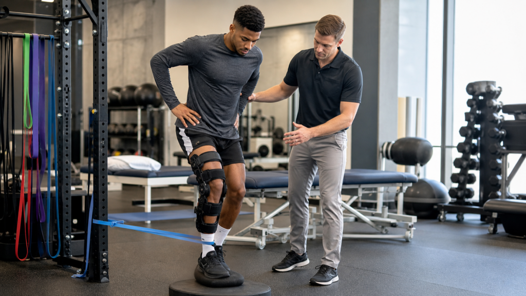 Professional athlete leg injury recovery concept with physical therapy
