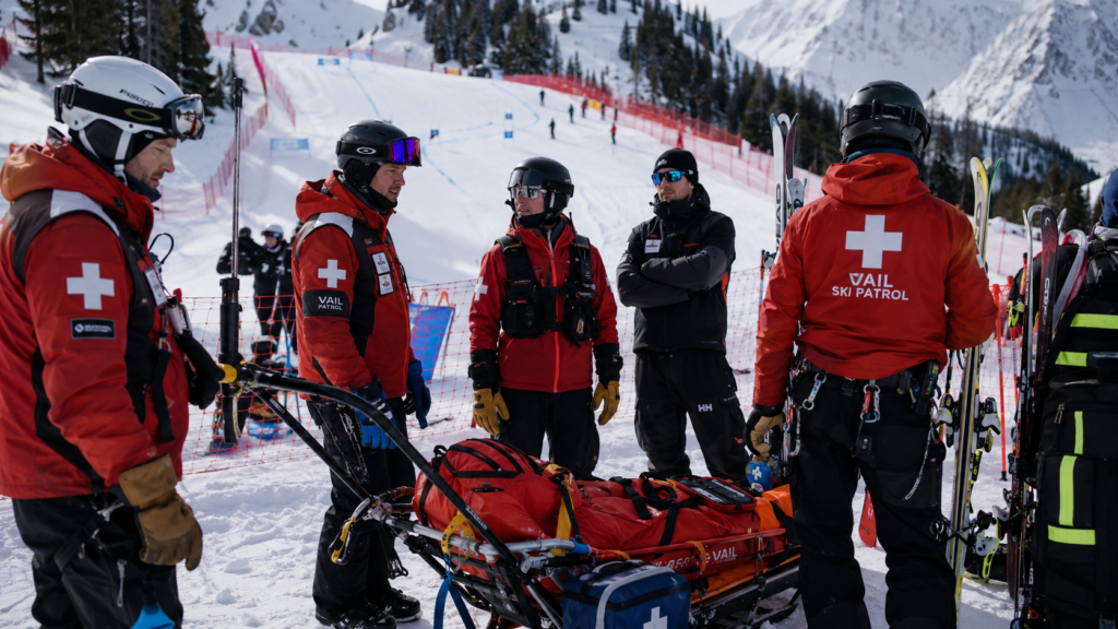 Winter sports safety team near a ski course highlighting emergency response