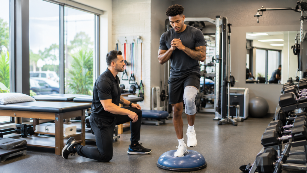 Professional athlete leg injury recovery concept with physical therapy equipment