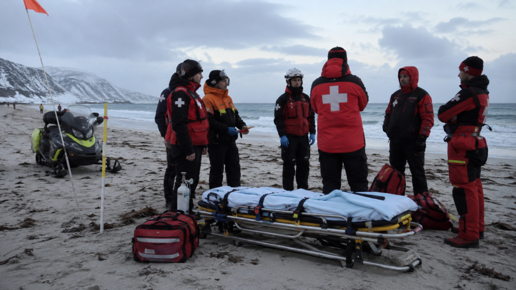 Winter sports safety team near a beach highlighting emergency response after athlete accidents