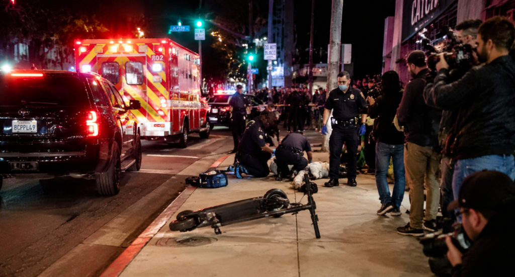 Celebrity e-scooter crash scene Los Angeles paparazzi chaotic night