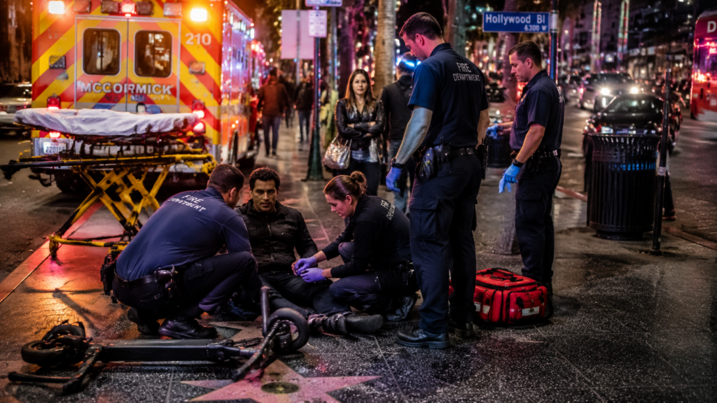 Emergency responders assisting injured person on sidewalk after scooter accident Hollywood boulevard