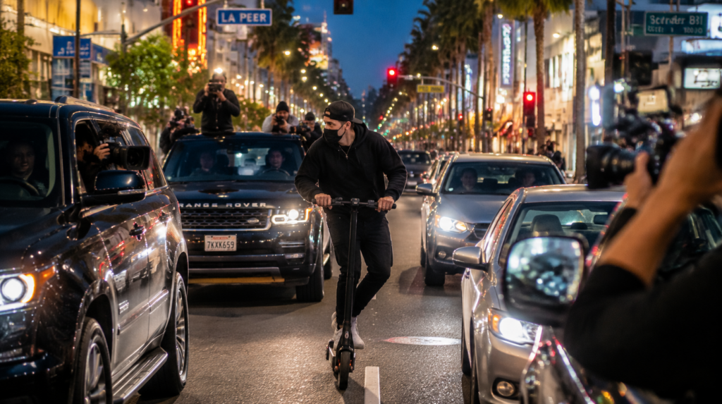 Paparazzi vehicles chasing celebrity on e-scooter through crowded Los Angeles street