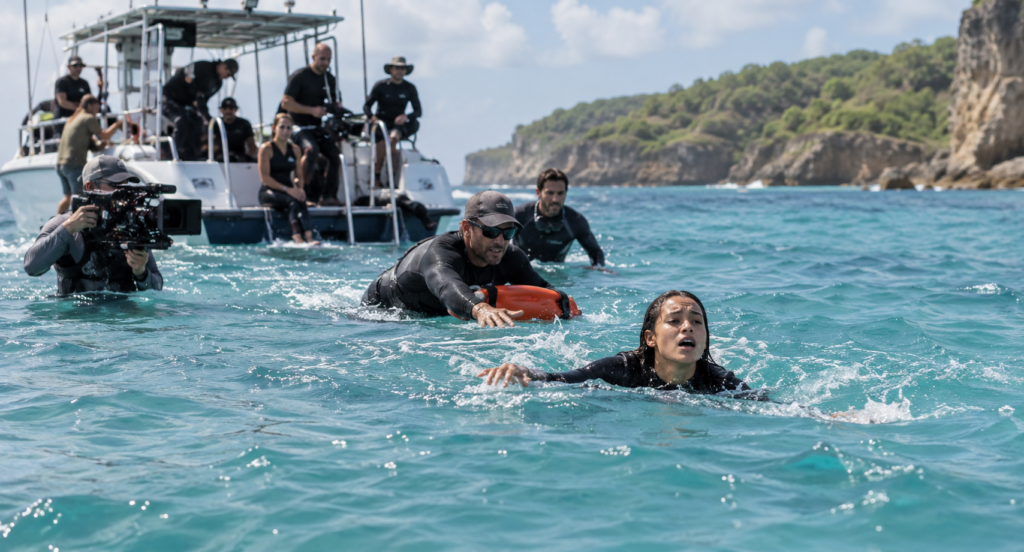 Actress struggling in ocean during television production water scene with safety crew nearby