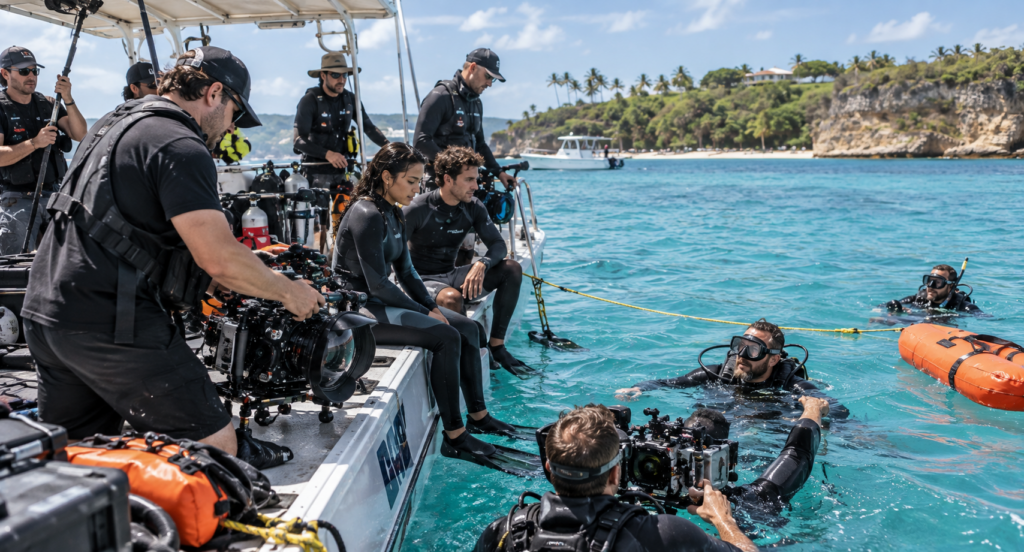 Film crew and actors preparing underwater equipment for a television production